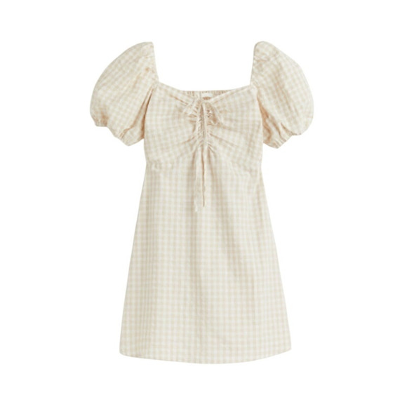 H&M Beige Gingham Puff Sleeve Mini Dress XL Ruched Bust Cottagecore Square Neck - Picture 1 of 9